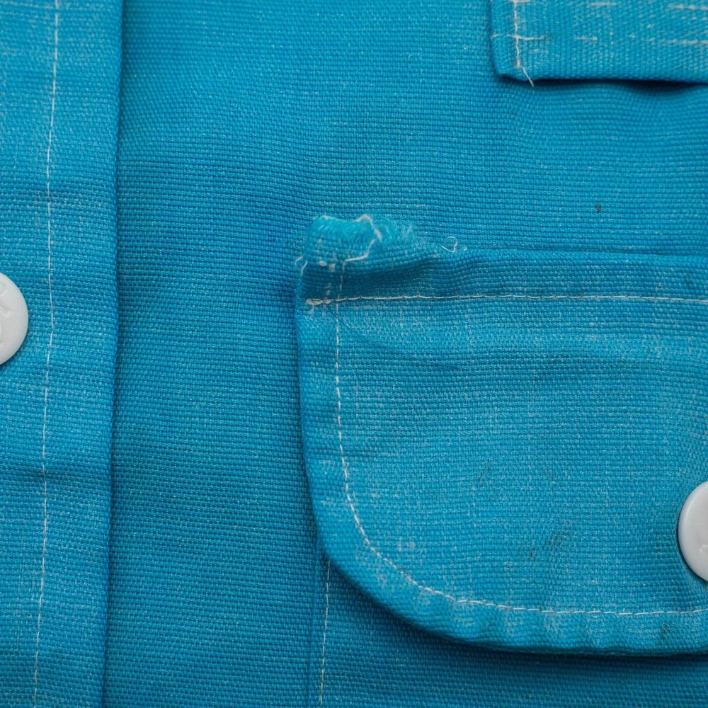 Vintage 70s Mod Button Up Bowling Shirt Dune Buggy Daggar Collar Blue Adult M